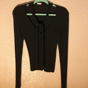Long Sleeve Black Top with Neck Tie